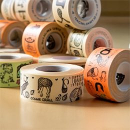 Rolls of custom-printed packing tape in several colours, each printed with a different logo and illustration.